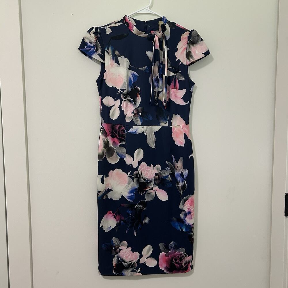 Betsey Johnson Navy Floral Midi Dress with Pink & White Accents